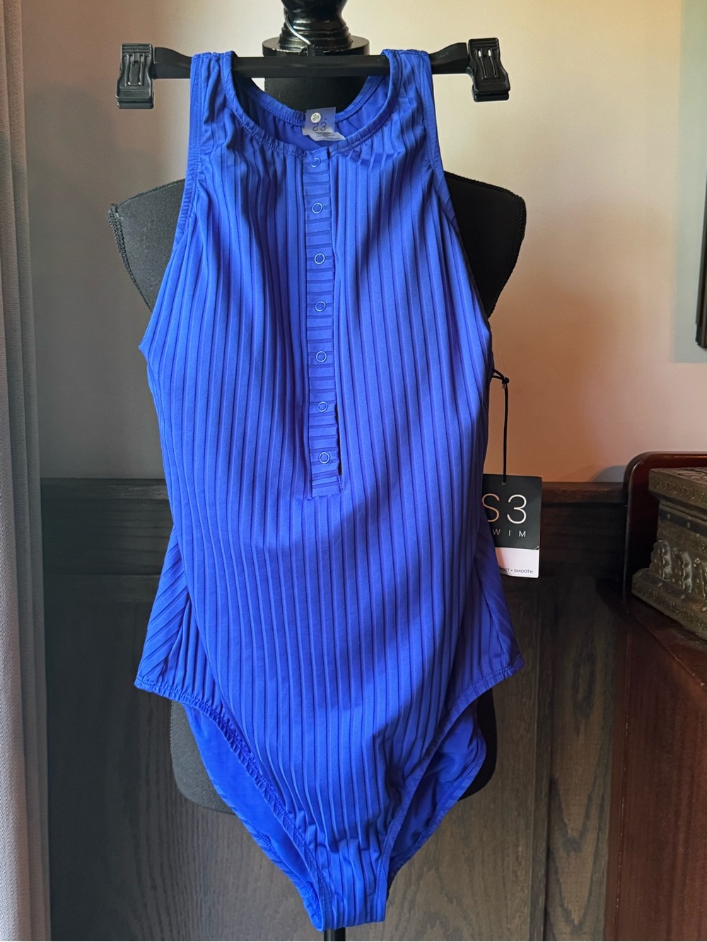 Royal Blue Ribbed Button-Front Bodysuit large nwt - Picture 2 of 8